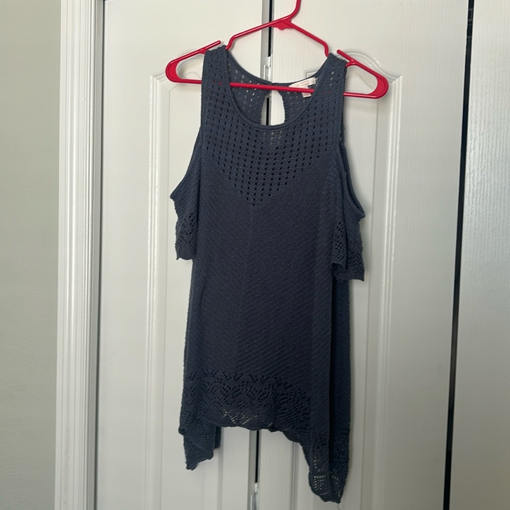 Slate blue knit cold shoulder top